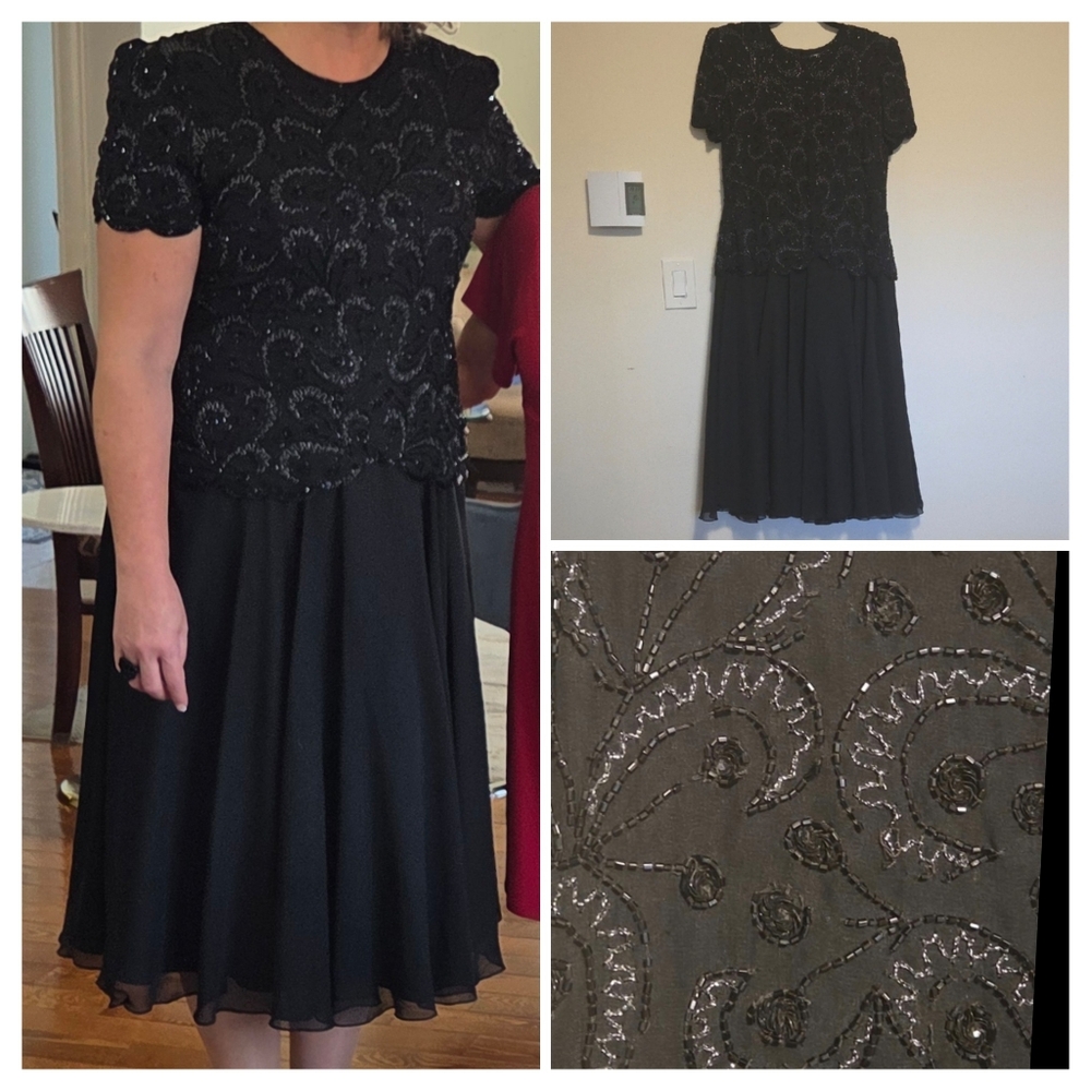 Papell Boutique Black Beaded Dress Evening Gown Vintage